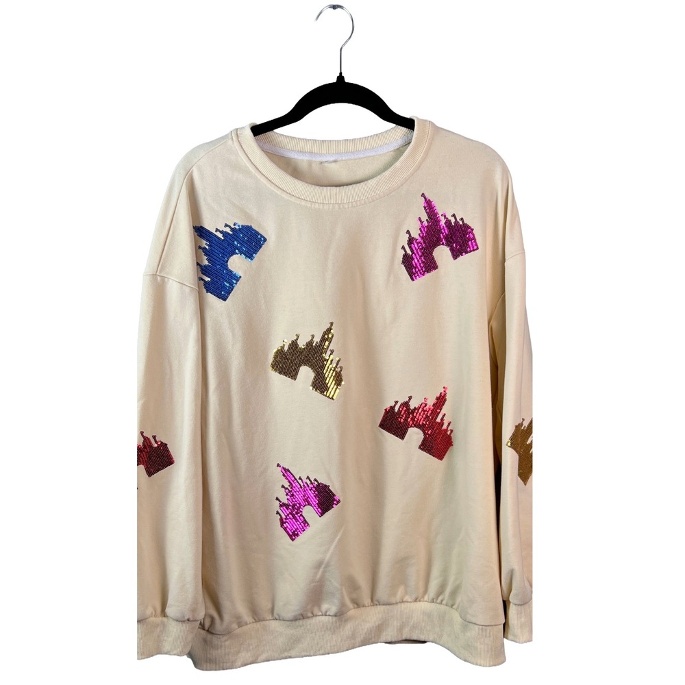 Disney Inspired Castle Sequin Oversized Sweatshirt Women's XL Cream Streetwear